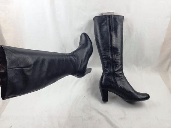 Vintage Black Leather Knee High Boots: 90s Wide Calf, 2.5" Heel size 9 US