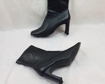 Black ankle boots high heels, shoes women, black mid calf boots, vintage square toe heeled boots, 90s black leather handmade boots women