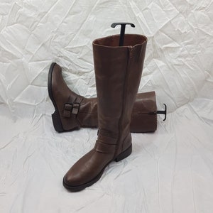 Y2k knee high leather wide calf boots women, vintage 90s brown boots, shoes women, medieval buckle womens boots size 10 US