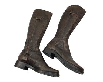 Leather knee high boots women designer shoes: Y2k Italian vintage brown, size 8 US