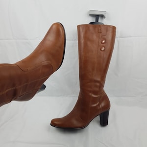 Leather knee high heeled boots women, y2k round toe gogo boots, shoes women, 90s vintage womens brown boots size 8 US