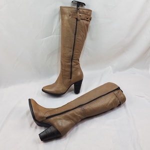 Leather knee high boots women high heels, shoes women, mod vintage heeled boots, 90s retro boots, y2k brown boots womens size 7 US