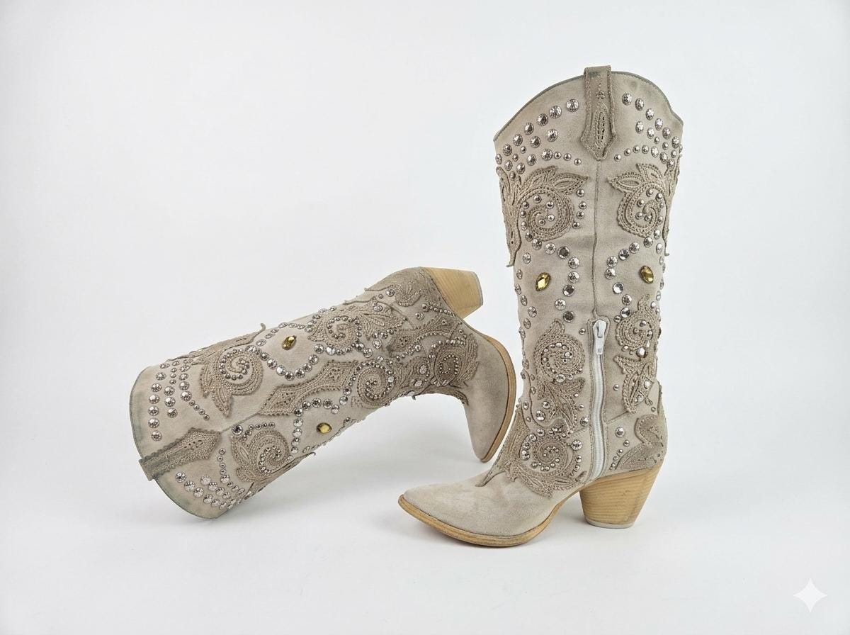 Cowboy rhinestones and studs western boots: Y2k festival Italian, suede…