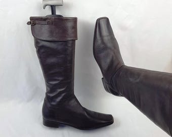 Botas altas de cuero vintage para mujer: punta cuadrada Y2K, pantorrilla ancha, talla 9