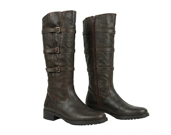 Botas pirata de cuero hasta la rodilla con hebilla para mujer: estilo vintage Y2K marrón, renacentista, talla 9 US