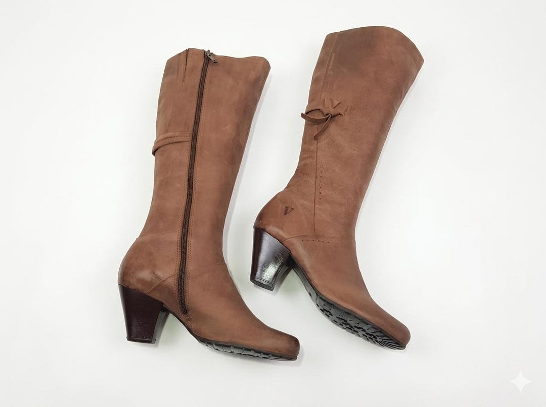Brown Leather Knee High Heeled Boots Women: Y2k Vintage Cuban Heel ...