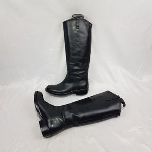 Y2k zwartleren gevechtsrijlaarzen dames, mod. kniehoge laarzen, cavalerielaarzen met lage hak, schoenen dames, jaren 90 vintage laarzen maat 8 VS