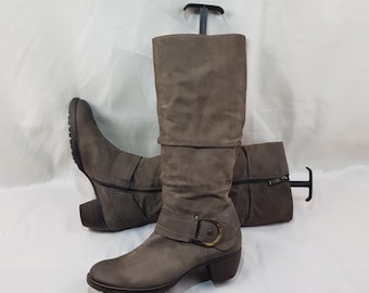Distressed leather knee high slouch boots women: 90s vintage buckle, size 8 US