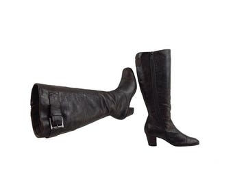 Botas de cuero estilo años 90 con punta cuadrada y tacón vintage: modelo Y2K hasta la rodilla, color marrón, talla US 7