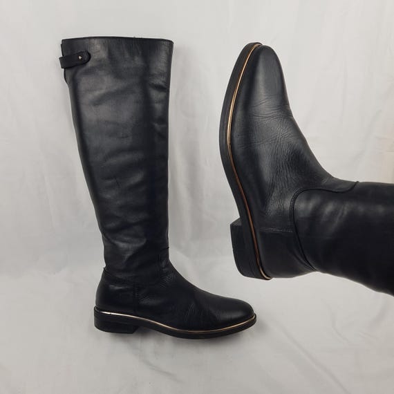 Damenleder schwarz und gold Reitstiefel, 90er Jahre Reitstiefel