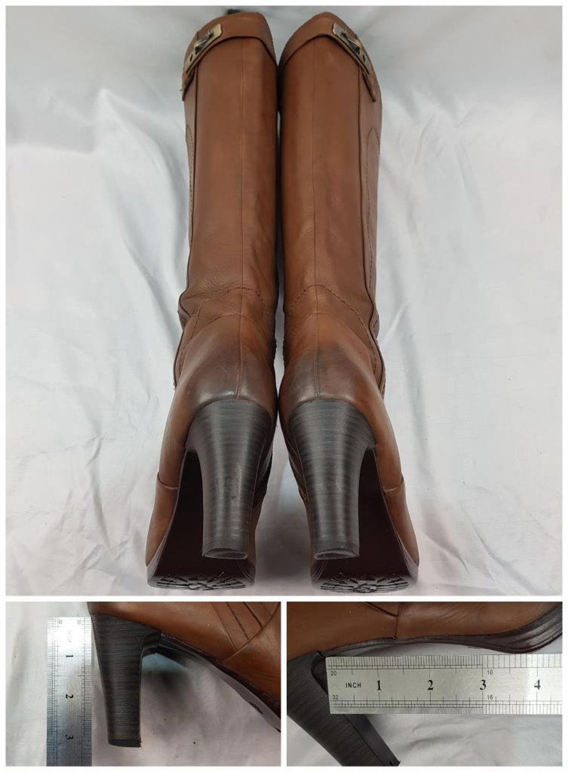 Platform leather heeled boots women: Y2k knee high vintage brown, size 7 US, foto 4 di 5