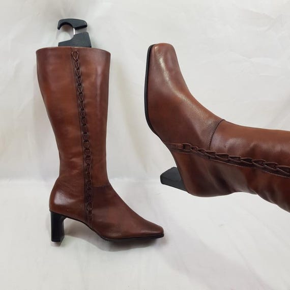 Vintage 90s Leather Knee High Boots Women: Square Toe Witchy Style
