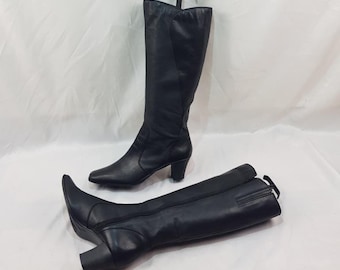 Karree Kniehohe Leder Stiefel Frauen: Y2k Vintage, Größe 10 US