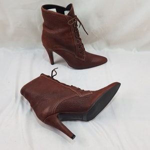 Womens leather ankle boots stiletto heels, witchy lace up boots, italian shoes women, pointed toe y2k dress boots women size 9 US