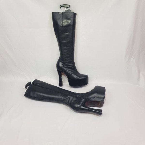 90s platform boots, knee high boots high heels, stripper heels dominatrix black leather boots women, unique chunky womens boots size 8 US