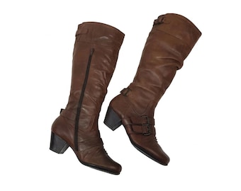 Boho leather knee high slouch boots women: 90s vintage gogo, US size 7