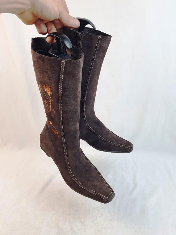 Suede leather square toe barefoot boots women: Y2k witchy booties, mid-calf, US size 7