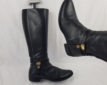Vintage black leather knee high boots women: 90s Italian riding boots, US size 8