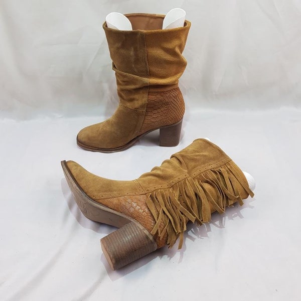 Brown ankle boots, tan suede boots, womens shoes, fringe boots, womens boho boots, vintage leather boots women, square toe handmade boots