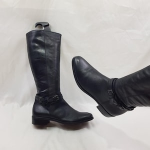 Y2k knee high black leather buckle boots women, shoes women, 90s round toe low heel riding boots, womens vintage boots size 8 US