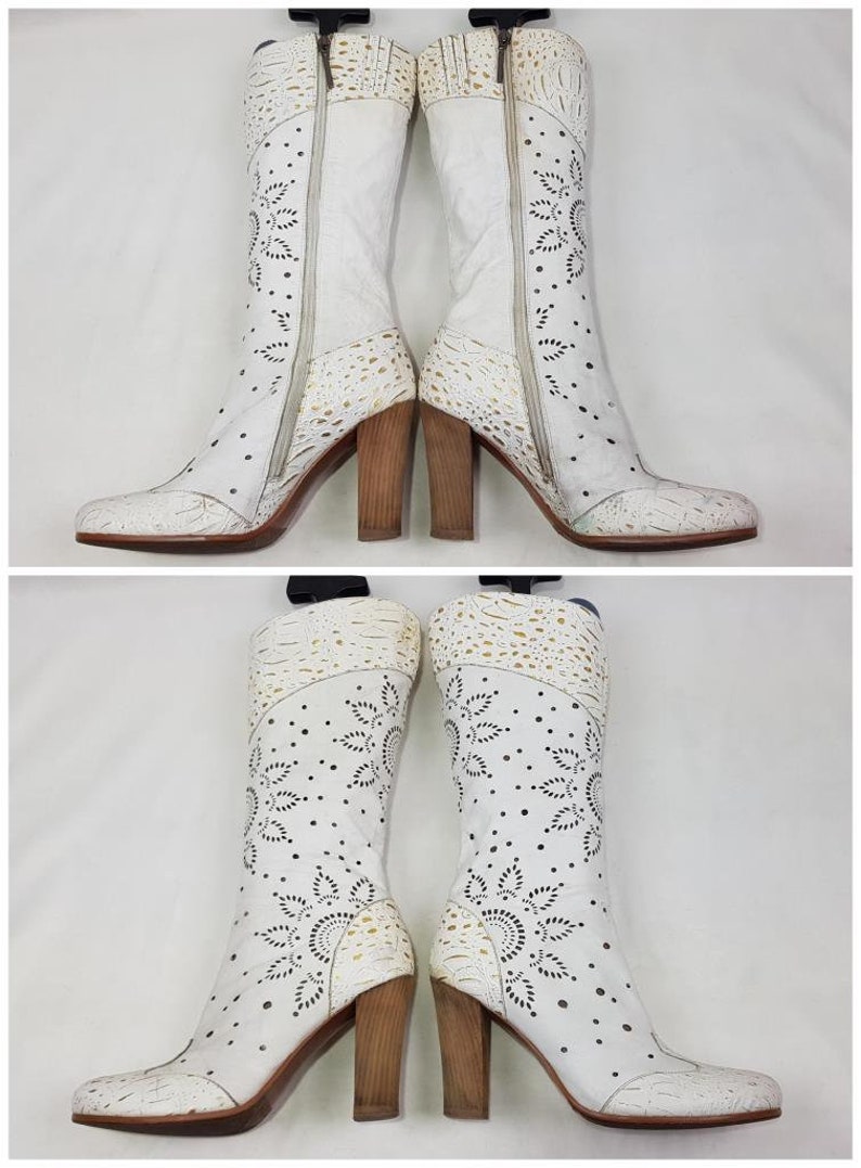 White leather boots women, floral embroidery boots, shoes women, 90s witchy gogo boots, y2k fashion knee high boots, handmade boots size 9 zdjęcie 9