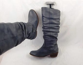 Vintage boho leather slouch boots women: Y2k knee high, round toe size 7 US