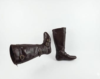 Barefoot leren bokskniehoge laarzen dames: Y2k vintage gesp, flats, cosplay, 8 US