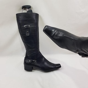Square toe black leather boots women, Italian shoes women, y2k vintage knee high boots, 90s low heel boots, womens boots size 8 US