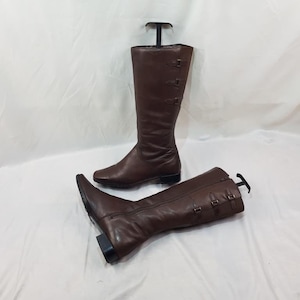 Middeleeuwse leren laarzen met vierkante neus, ren faire kniehoge laarzen, schoenen dames, y2k vintage bruine laarzen dames, dameslaarzen met gesp maat 8 US