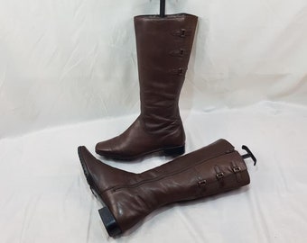 Vintage Brown Leather Knee High Boots Women: 90s Square Toe, Buckle ...