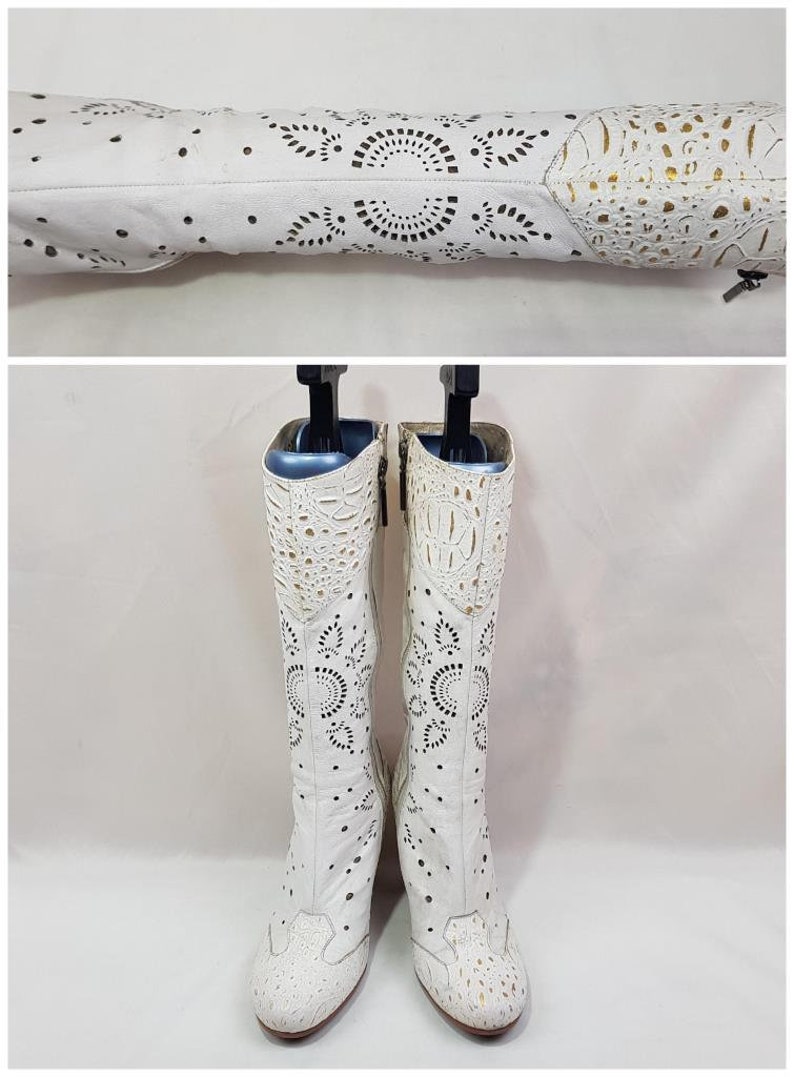 White leather boots women, floral embroidery boots, shoes women, 90s witchy gogo boots, y2k fashion knee high boots, handmade boots size 9 image 5