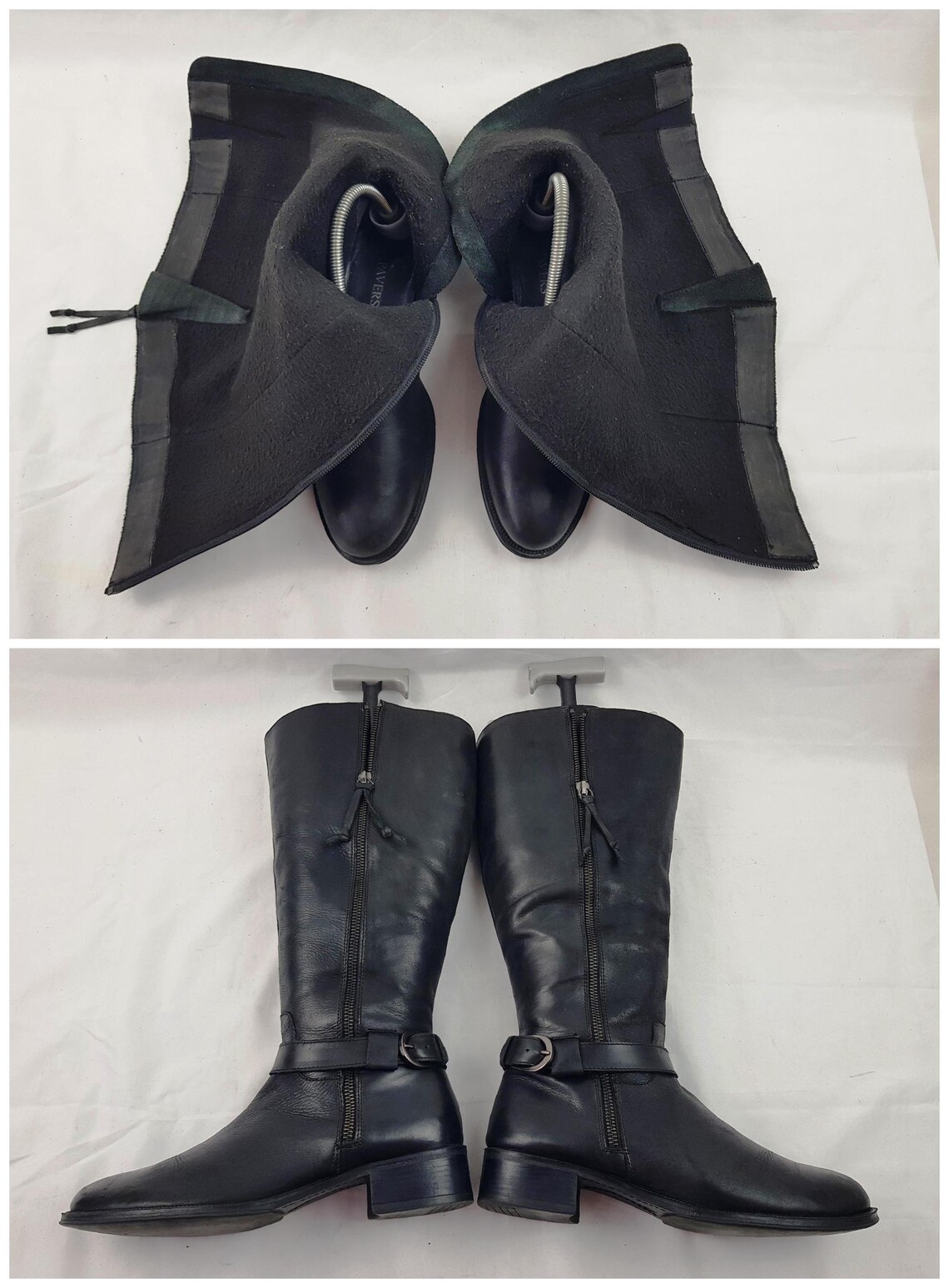 Black wide calf knee high leather boots, Y2k vintage, buckle size 7 US, foto 4 di 5