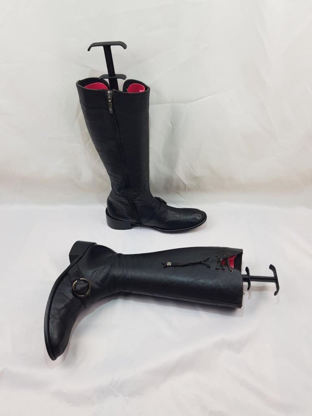 Black Leather Boots Women, Vintage Knee High Boots, Tall Buckle Boots, 90s Retro Boots, Round