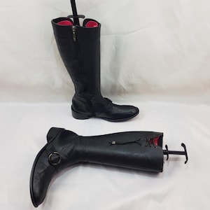 Zwarte leren kniehoge laarzen dames, y2k vintage laarzen, schoenen dames, jaren 90 retro laarzen met ronde neus, piratendameslaarzen maat 7 VS