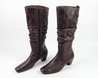 Botas de piel de caña ancha con hebilla para mujer: estilo vintage, punta cuadrada, color marrón, boho, talla 10 US.
