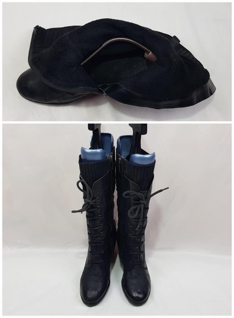 Bottes hautes, bottes gogo à lacets, bottes en cuir noir pour femmes, bottes boho vintage des années 90, bottes de sorcières à bout rond, bottes pour femmes hautes taille 9 US image 3