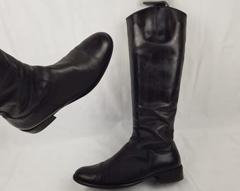 Brown leather knee high boots women: Y2k vintage, round toe, US size 8