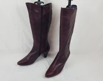Leder spitze Schuhform kniehohe Stiefel Frauen: Y2K deadstock burgundy, Absatz, 10 US