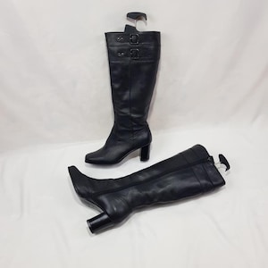 Square toe knee high leather boots women block heel, shoes women, 90s black vintage mod boots, y2k fashion heeled womens boots size 8 US