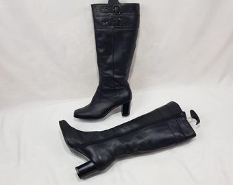 Square toe black leather knee high boots women - Y2k vintage, block heel, 8 US