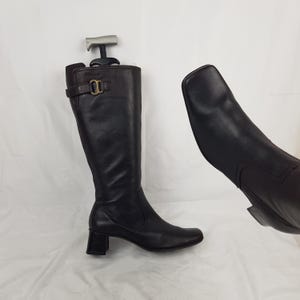 Womens square toe leather boots 2in heel, ladies shoes, 90s vintage heeled knee high boots, retro shoes women, y2k fashion boots size 8 US