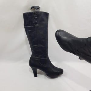 Y2k kniehoge leren laarzen dames hoge hakken, schoenen dames, modieuze heksenzwarte laarzen, jaren 90 vintage dameslaarzen met hak maat 11 VS