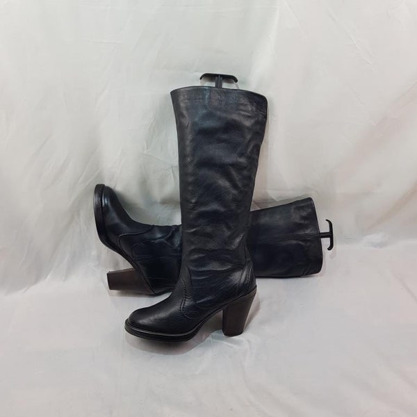 Black leather boots women, platform boots, knee high boots, 90s gogo boots size 9, swear platform shoes, high heel long boots, shoes women