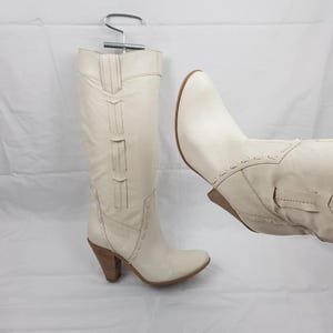 Cowboy leather western knee high boots women, shoes women, 90s white cowgirl boots, y2k vintage boots, womens heeled boots size 7 US