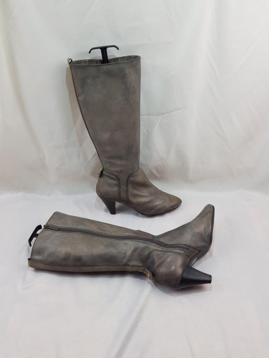 Vintage Knee High Boots, Shoes Women, Gray Leather Boots Women, 90s Pointed Toe Heeled Boots