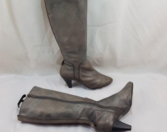 bottes hautes vintage, chaussures femmes, bottes en cuir gris femmes, bottes à talons bout pointu des années 90, bottes hautes pour femmes, bottes faites main taille 11 US