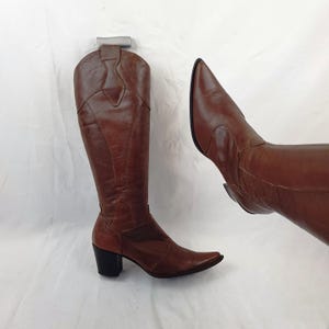Womens cowboy leather western knee high boots, shoes women, vintage heeled pointed toe boots women, y2k pirate cowgirl brown boots size 9 US