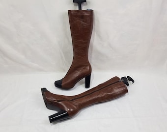 Knee high boots high heels, shoes women, brown leather handmade boots women, y2k fashion gogo boots, tall vintage 90s womens boots size 9 US