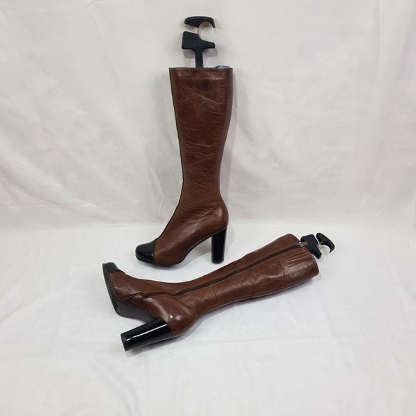 Kniehohe Stiefel High Heels, Schuhe Damen, braune Leder handgefertigte Stiefel Damen, Y2K Mode Gogo Stiefel, große Vintage 90er Damen Stiefel Größe 9 US