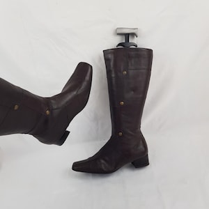 Leren kniehoge patchwork dameslaarzen, jaren 90 florsheim bruine laarzen met vierkante neus, damesschoenen, damesschoenen, y2k vintage laarzen maat 7 VS